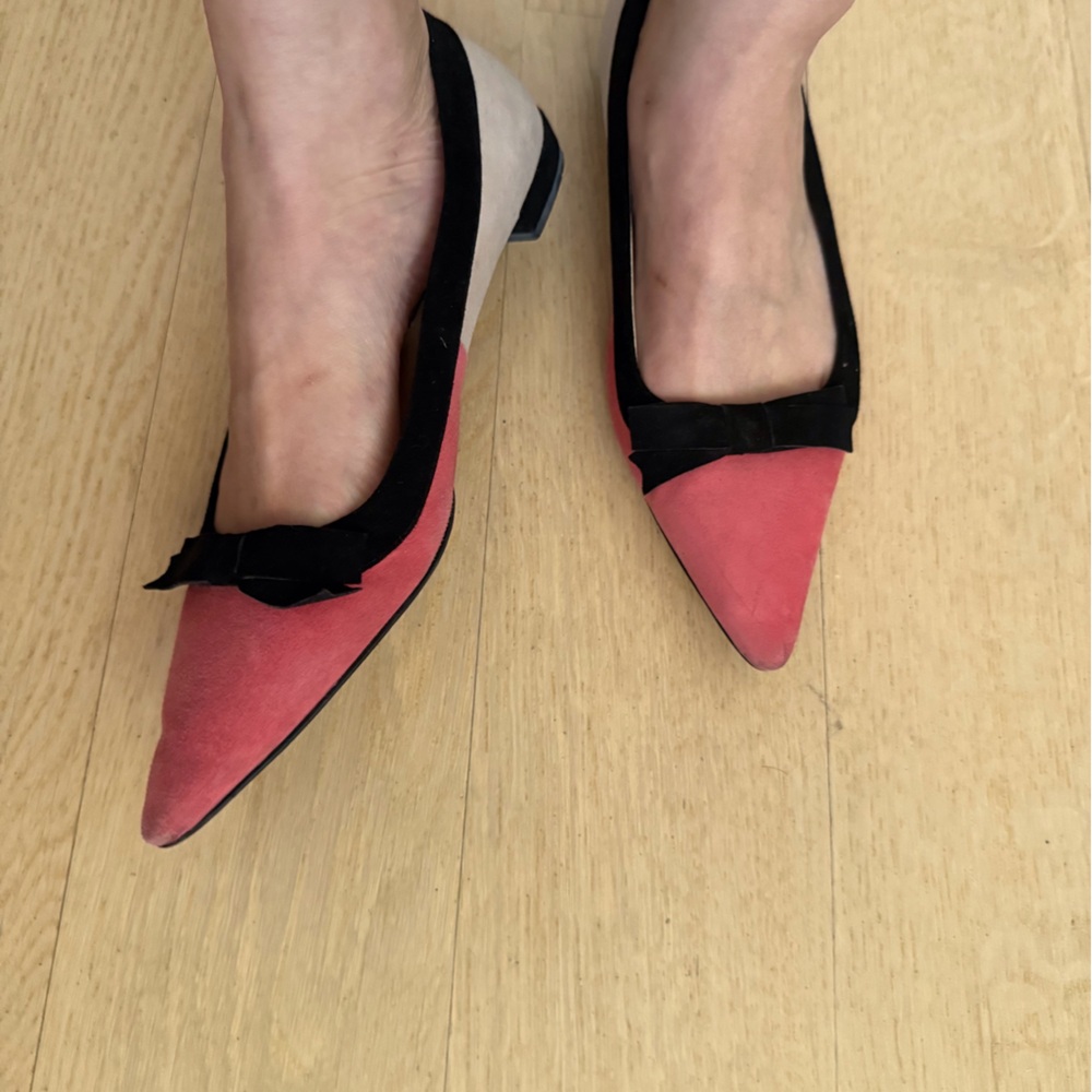 EUC PRADA Pink Suede Color Block Pointed Flats with Black Trim and Bow Size 38 - Picture 2 of 5